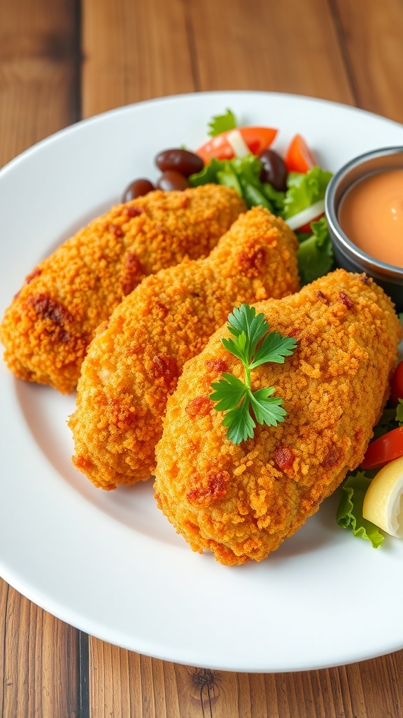 Crispy breaded chicken breasts on a plate with salad and dipping sauce, garnished with parsley.